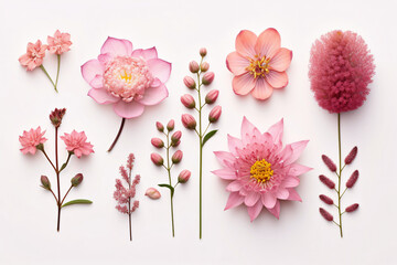 collection of pink flowers arranged in a circle on a white background, Generative Ai