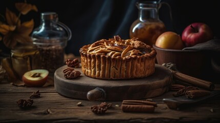 Fototapeta na wymiar sweet apple pie with complete composition on blur background