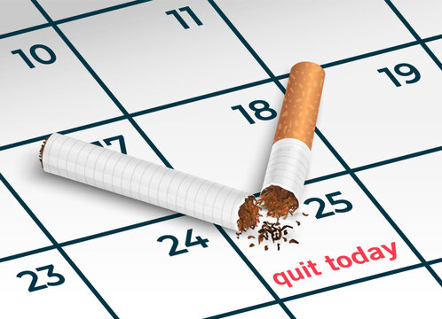 Broken cigarette stub on the calendar sheet, closeup. Quitting smoking today concept. On the calendar inscription marker. The concept of stopping tobacco and nicotine addiction. World no tobacco day.