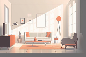Modern living room design with sofa, table and armchairs. Generative AI.