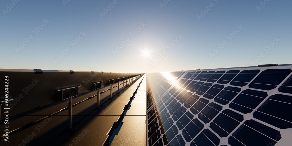 Wall mural 3d rendering of floating solar, floatovoltaics or solar farm consist of photovoltaic cell on panel, 