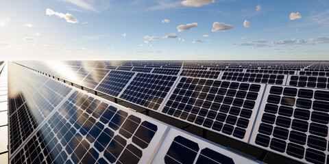 3d rendering of floating solar, floatovoltaics or solar farm consist of photovoltaic cell on panel,...