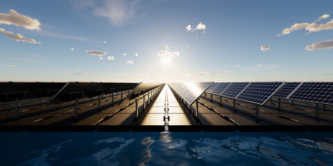 3d rendering of floating solar, floatovoltaics or solar farm consist of photovoltaic cell on panel,...