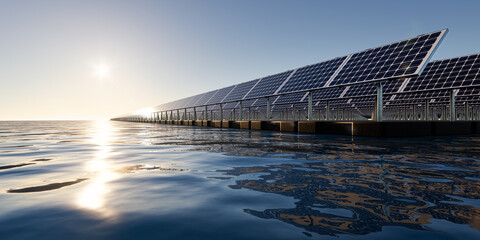 3d rendering of floating solar, floatovoltaics or solar farm consist of photovoltaic cell on panel,...