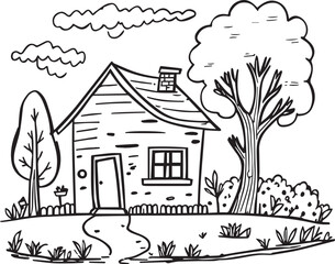 hand-drawn house. Coloring book page for children. Black and white outline illustration.
