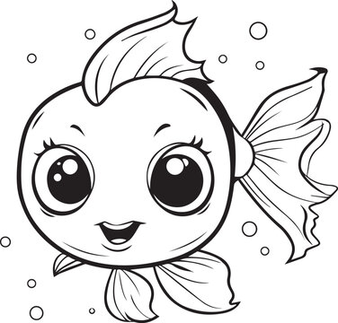 Cute cartoon fish. Coloring book page for children. Black and white outline illustration.