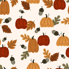 Seamless autumn pattern with pumpkins and leaves. Endless repeatable autumn harvest texture. Colored hand drawn vector illustration.