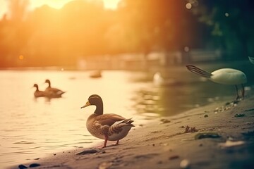 ducks standing on a calm lake surface Generative AI
