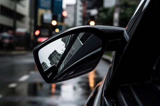 Cars Side Mirror Reflecting A Busy City Street Generative AI