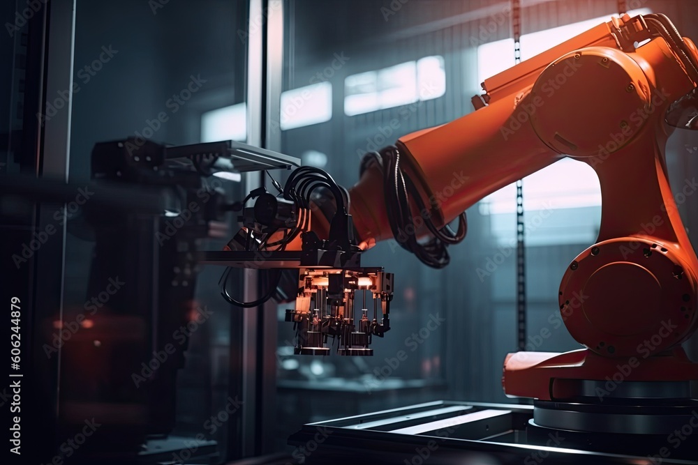 Poster robotic arm performing a task on a machine in a manufacturing plant generative ai