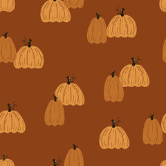 Seamless autumn pattern with pumpkins. Endless repeatable autumn harvest texture. Colored hand drawn vector illustration.