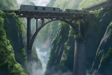 Fototapeta premium A train that is crossing a bridge over a mountain, in the style of anime aesthetic,