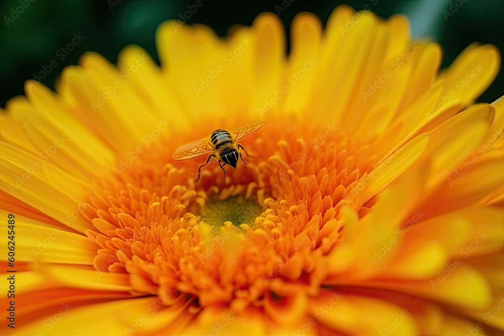 Poster yellow flower with a bee resting on one of its petals Generative AI