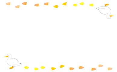 アヒルと足跡の背景　かわいい・ゆるい動物の手描き水彩イラスト素材