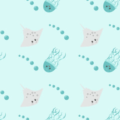 Seamless pattern with cute cartoon sea animals, skat, jellyfish, bubbles. Pattern with sea elements for baby clothes, pajamas, t-shirt, diapers. Vector illustration for textile, cloth, fabric.