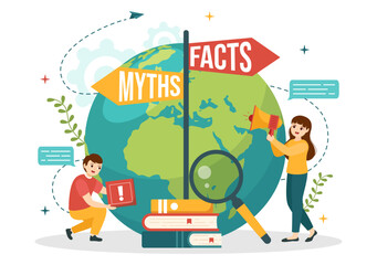 Fact Check Vector Illustration With Myths vs Facts News for Thorough Checking or Compare Evidence in Flat Cartoon Hand Drawn Landing Page Templates - obrazy, fototapety, plakaty