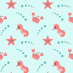 Seamless pattern with cute seahorse, crab, and starfish. Pattern with sea animals for kids design. . Vector illustration for textile, cloth, fabric.