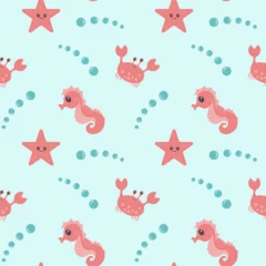 Foto op Plexiglas In de zee Seamless pattern with cute seahorse, crab, and starfish. Pattern with sea animals for kids design. . Vector illustration for textile, cloth, fabric.