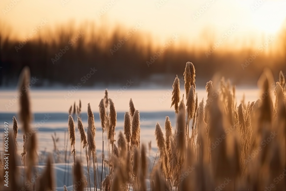 Poster golden field of tall grass with a glowing sun in the background generative ai