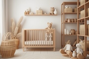 cozy and functional babys room with crib and storage shelves Generative AI