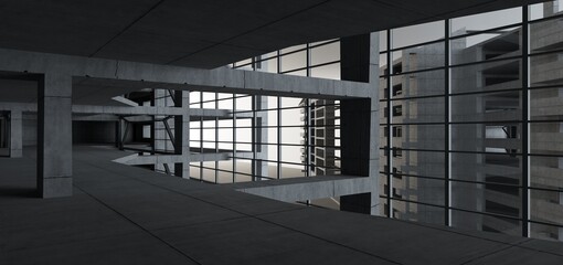 Abstract architectural minimalistic background. Contemporary showroom. Modern concrete exhibition tunnel. Empty gallery. Backlight. 3D illustration and rendering.