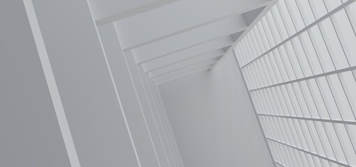 Fototapeta premium Luxury white abstract architectural minimalistic background. Contemporary showroom. Modern exhibition stand. Empty gallery. Backlight. Polygonal Graphic Design. 3D illustration and rendering.