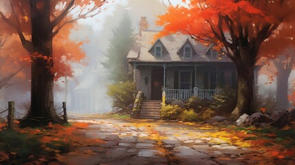 A Cabin in the Misty Morning with Autumn Leaves