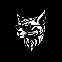 Cat in sunglasses. Logo vector illustration. Drawing for a tattoo. Black background. Summertime
