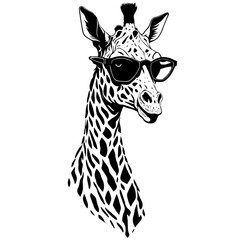Obraz premium Giraffe in sunglasses. Logo vector illustration. Drawing for a tattoo. White background. Summertime 