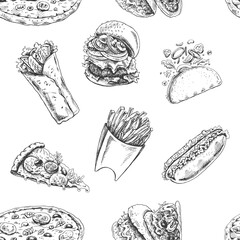Vector vintage fast food seamless pattern. Hand drawn monochrome junk food illustration with burger,  hot dog, pizza, tacos, burrito  and french fries. Great for menu, poster or restaurant background.