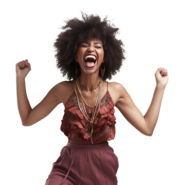 Portrait Of Young Woman African American Dancing And Having Fun, Partying, Moving Rhythm Music And Smiling, Isolated On White Transparent Background, Ai Generate