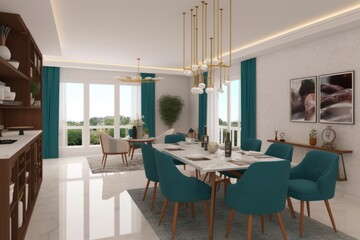 Fototapeta na wymiar modern dining room with blue chairs and a white table Generative AI