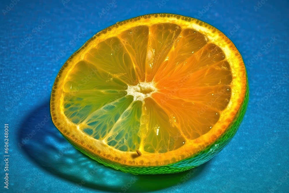 Poster an orange sliced in half resting on a bright blue background generative ai