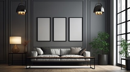 Interior design of a stylish and comfortable elegant living room on a black background