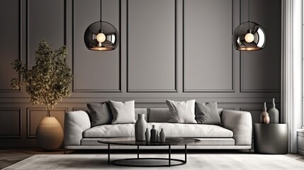 Interior design of a stylish and comfortable elegant living room on a black background