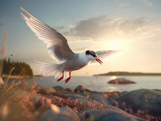 A tern taking off and scene of terns in flight - obrazy, fototapety, plakaty