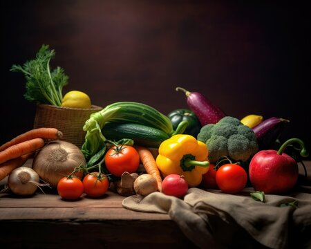 National Fresh Fruit and Vegetable Month. a table topped with lots of different types of vegetables, a still life,  low key light, product photography 4 k, indoor picture. Generative ai