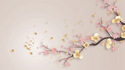 Minimalist sakura cherry blossom pink and gold greeting card.