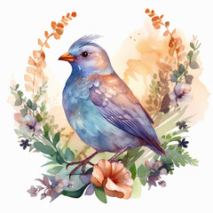 Watercolor cute Bird and floral tropical bouquets.  rest on tre plants, flowers, Ai Generative