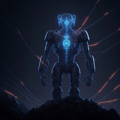 A robotic figure with a glowing logo on its chest, standing atop a mountain of wires and circuitry created with Generative AI technology 