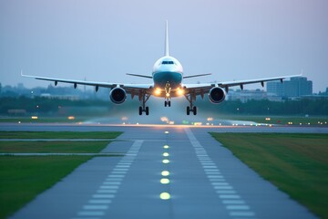 A large jetliner taking off from an airport runway at sunset or dawn with the landing gear down and the landing gear down, as the plane is about to take off. generative ai