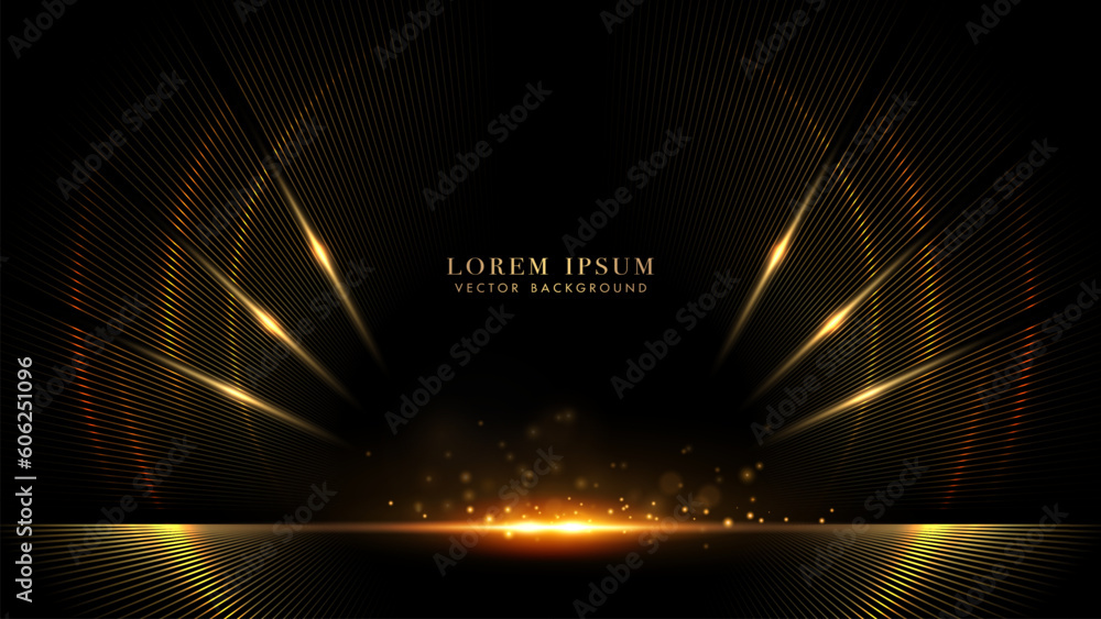 Sticker abstract circle light effect and golden lines with diagonal glowing effects and glitter light on bla
