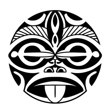 Polynesian sun face maori tattoo style.  Pattern aboriginal samoan. Black and white texture, isolated vector.