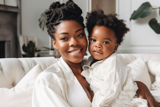 Portrait of happy Black mother and baby in luxury home. Generative AI.