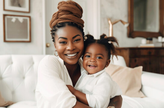 Portrait of happy Black mother and baby girl in luxury home. Generative AI.
