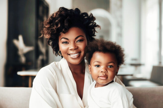 Portrait of happy Black mother and cute baby boy at home. Generative AI.