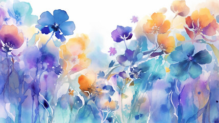 watercolor floral painting yellow blue and purple. 