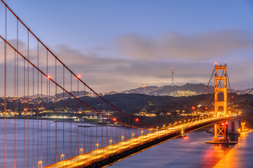 The famous Golden Gate Bridge in San Francisco before sunrise