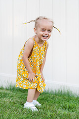 Little beautiful girl posing in summer dress on green grass and white background