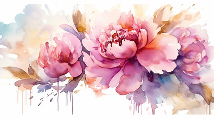 Watercolor peonies with beautiful pink golden alcohol ink. 
